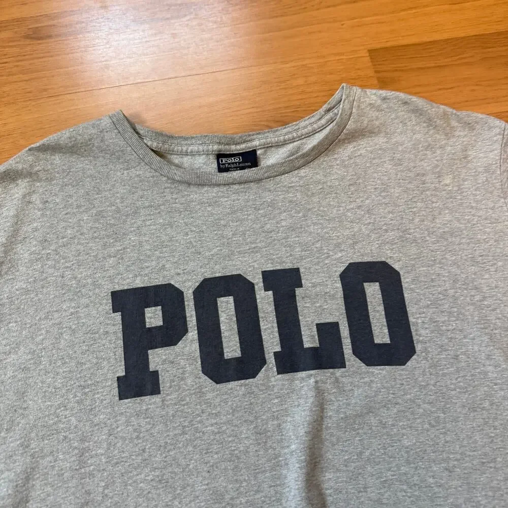 Men's Vintage Polo Ralph Lauren Gray Blue Script Spell Out Tee Shirt Sz 2XL XXL